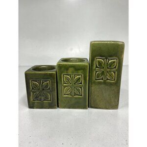 Vintage Green Ceramic Leaf-Embossed Candle Holder Trio